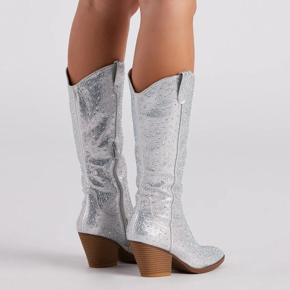 NEW🔥 Bling Jeweled Rhinestone Pointed-Toe Western Cowboy CowGirl Boot Knee-High - Picture 8 of 8